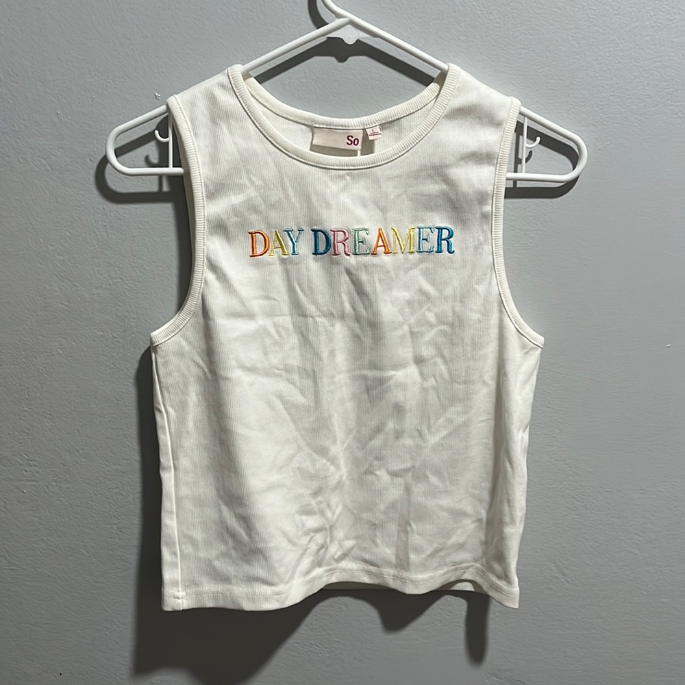 a white tank top, size large in juniors from SO. brand new, with tag.
